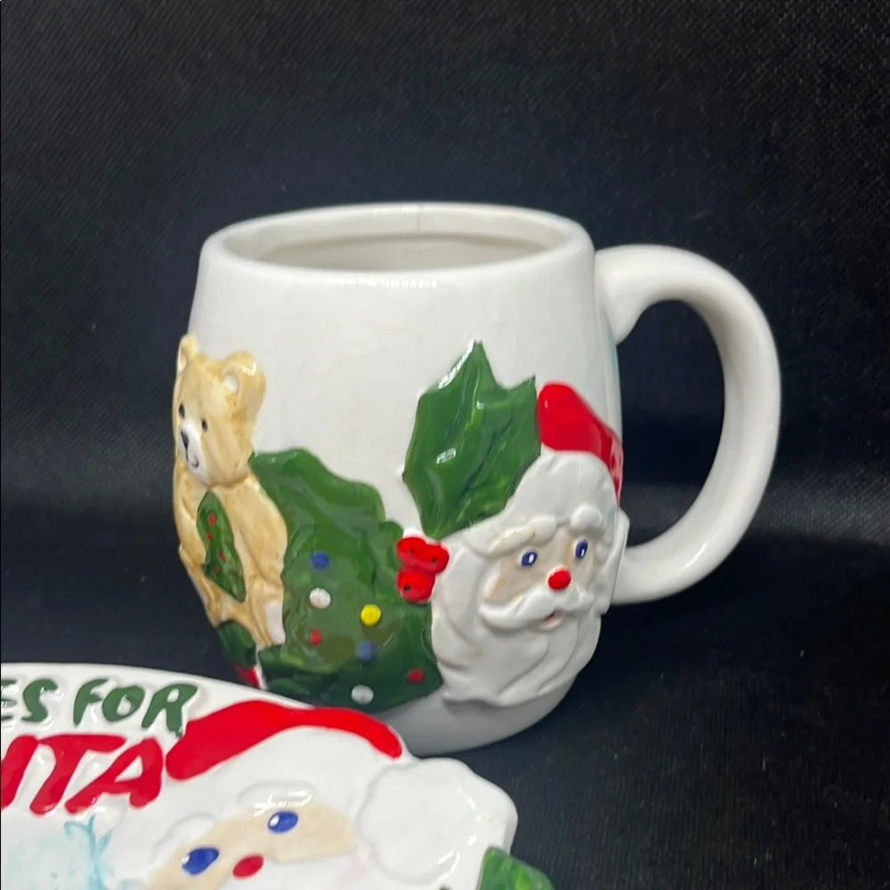 White and Red Holiday Decor Set Santa cookie plate and mug